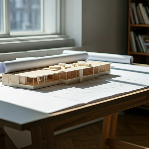 Architecture model and blueprints on a large drafting table