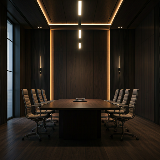 Minimalist luxury executive boardroom with dark walnut textures
