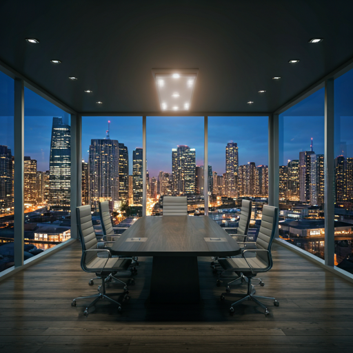 Modern high-end executive boardroom with large windows overlooking a city skyline