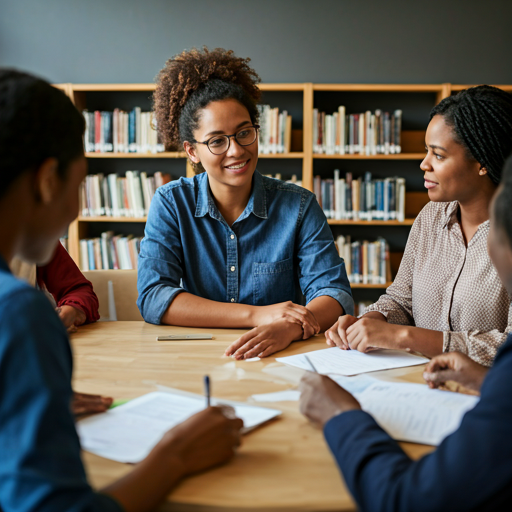 Diverse community leaders meeting in a library