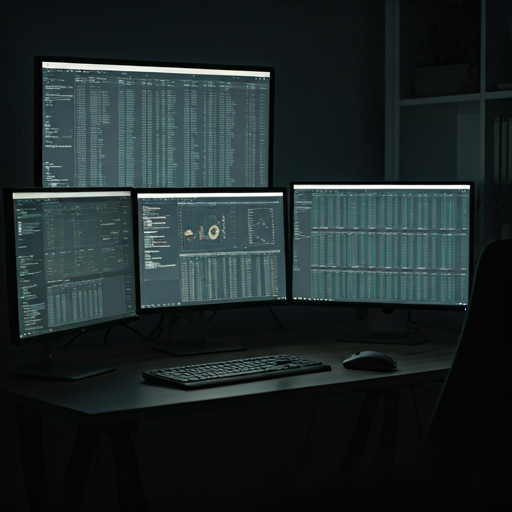 Dark desk setup with multiple monitors showing intricate data spreadsheets and architectural blueprints