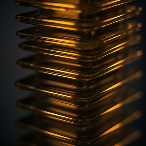 Abstract cinematic macro shot of translucent glass architectural layers with golden light refraction