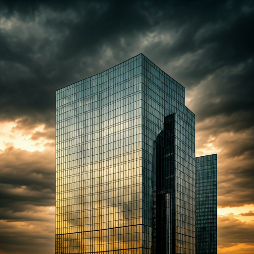 Monolithic modern glass skyscraper reflecting dramatic storm clouds in deep charcoal and muted gold tones